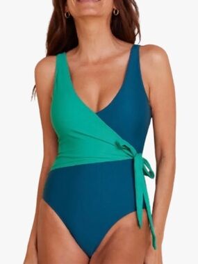 SUMMERSALT The Perfect Wrap One Piece Swimsuit Colorblock Seaglass Size 18